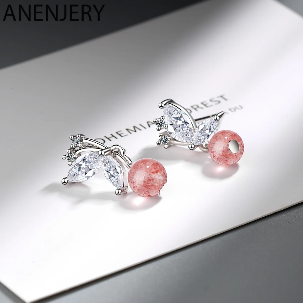 ANENJERY милые 925 пробы серебряные серьги для женщин Nnatural Клубника Кристалл серьги с бантами предотвратить аллергию S-E922