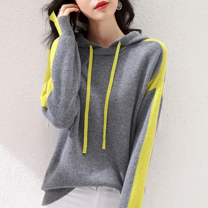 

2021autumn and winter fashion color matching wool hoodie women's hooded jacket Korean loose sweater outer wear knit sweaterwomen