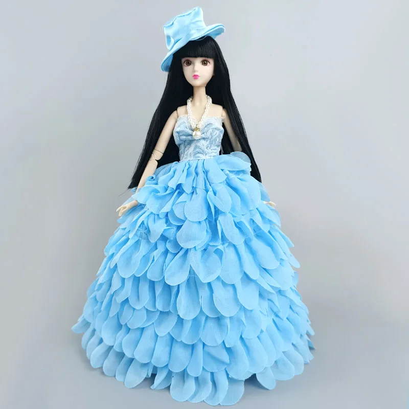 

Blue Fashion Multi-layer Wedding Dress For Barbie Dolls Clothes Princess Party Long Gown Bridal Dress Hat Set 1/6 Doll Accessory