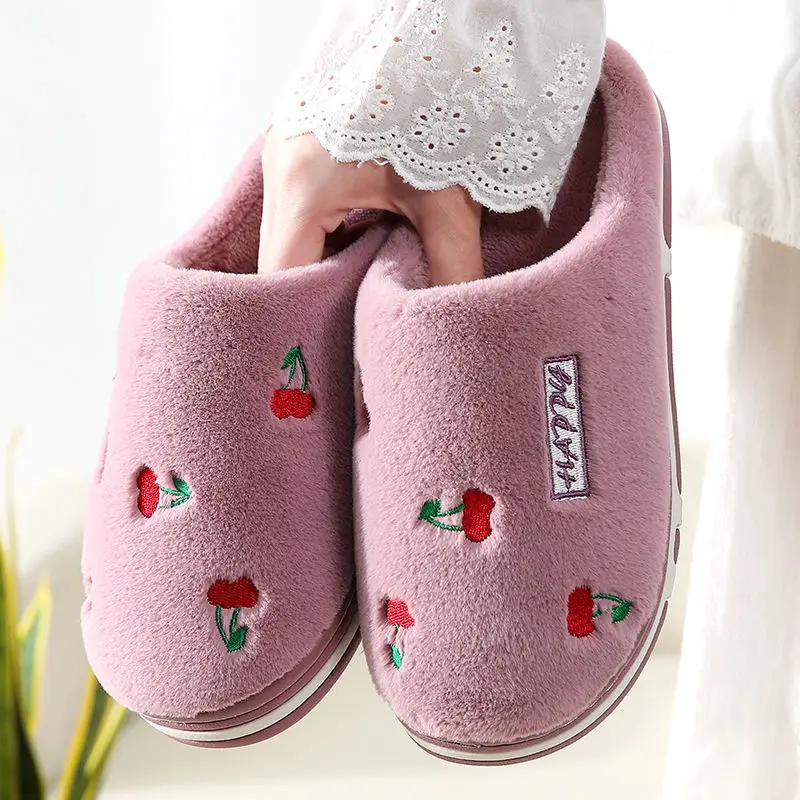 

2021 Fruit Cotton Women Slippers Winter Warm Home Indoor Silent Couple Ladies Plush Slides Men Soft Non-Slip Bedroom Shoes