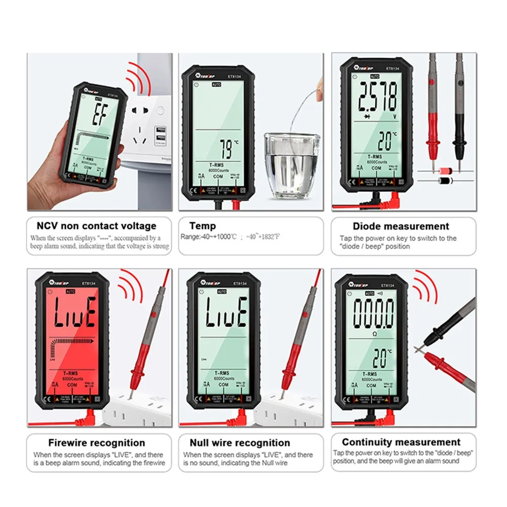 

TOOLTOP ET8134 Full-Screen Multi-Function Multimeter Color Change Alarm Function Metal Plastic Durable Multifunction Multimeter