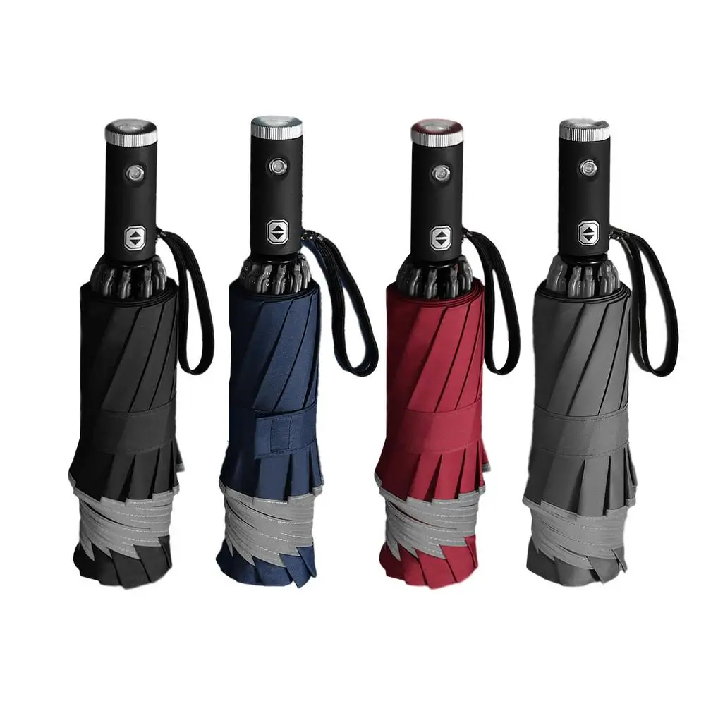 

10-bone Automatic Reverse Folding Umbrella With LED Light Reflector Automatic Flashlight Tri-fold Windproof Car Businesumbrella