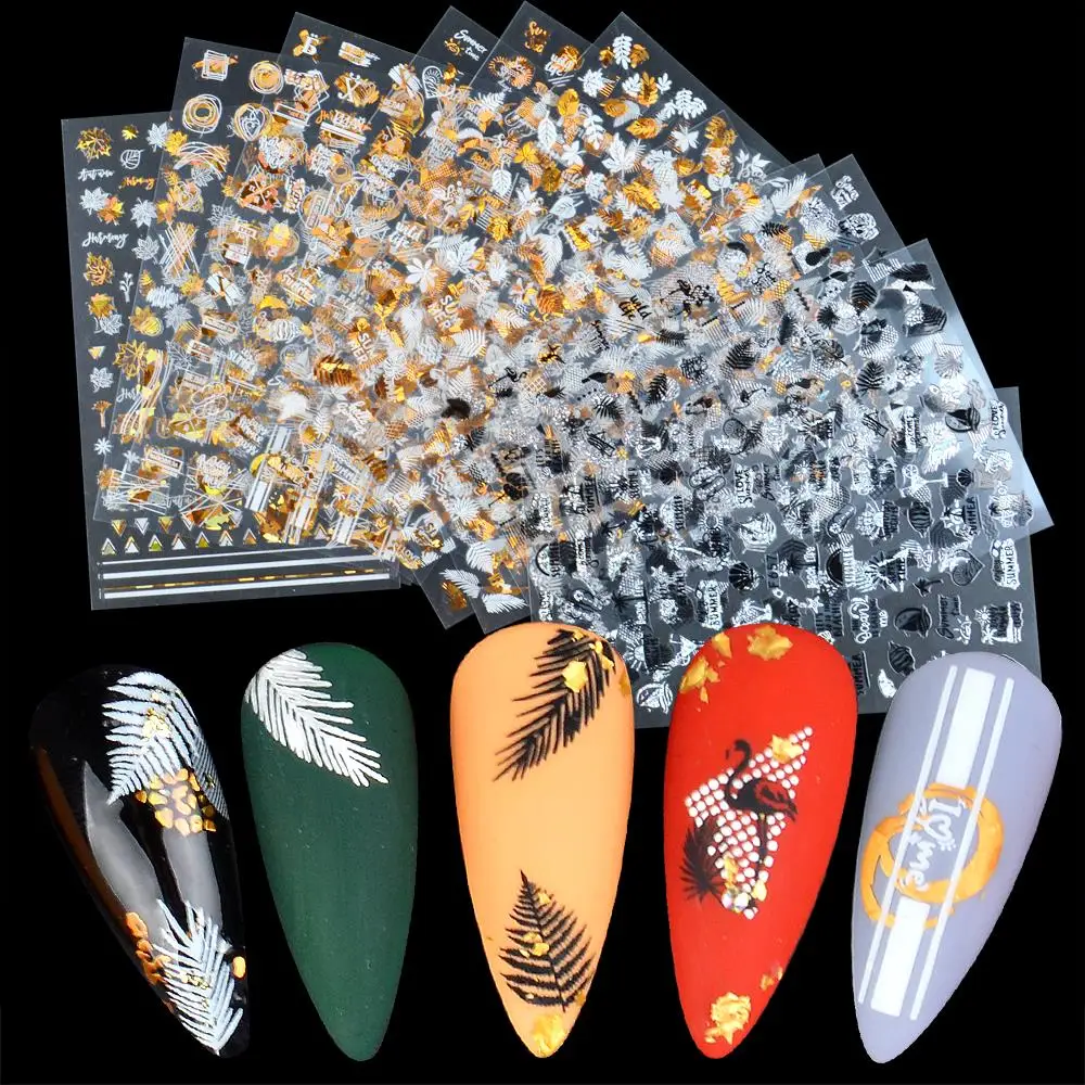 

ZKO 1pcs Stickers for Nails Designs White Black Flower Leaf Linear Manicure Sliders 3D Nail Art Decorations sticker Decal