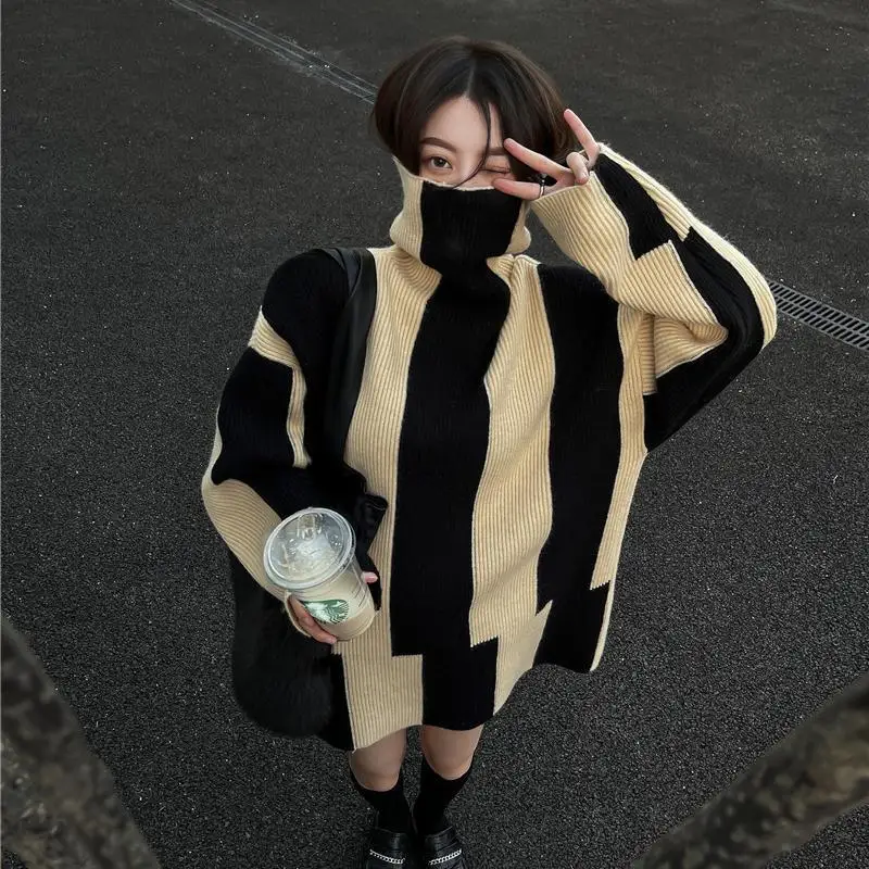 

Striped Sweater Women's Autumn and Winter High Neck Loose Lazy Style Design Sense of Minority Irregular Retro Sweater Top Lazy