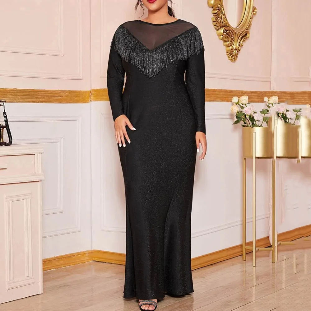 Женское вечернее платье с длинным рукавом блестящее Сетчатое длинное бахромой и