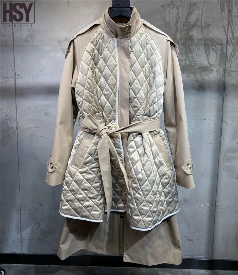 【HSY】2019 Осень Зима Новая Женская Хаки стеганая куртка с поясом клетчатая