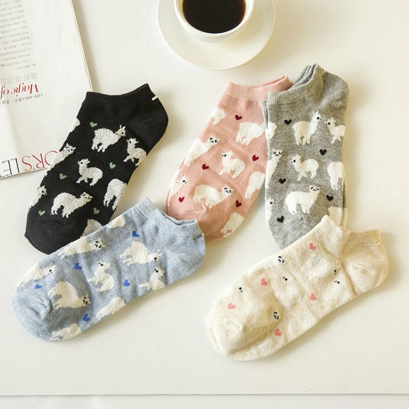 2023 new hot Short Ankle Invisible Tiny Alpaca Love Hearts Socks Farm Zoo Animal Llama like Fluffy Sheep Comfortable Cozy Cotton