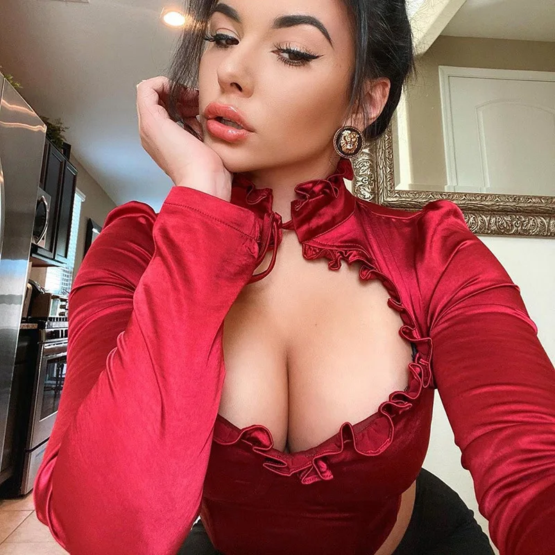 Женские Короткие Топы Блузы с воротником стойкой и длинным рукавом открытые