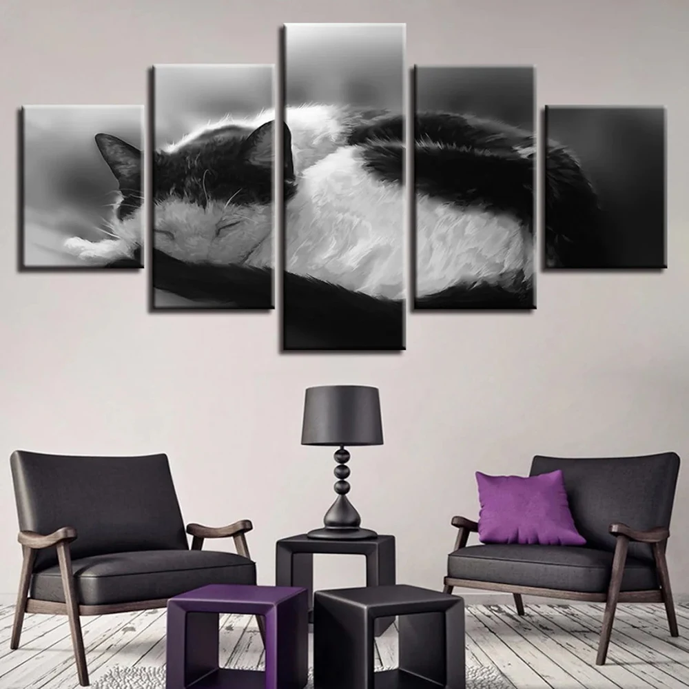 

5 Pieces Wall Art Canvas Painting Black White Cute Cat Animal Poster Home Decoration Modern Living Room Modular Pictures