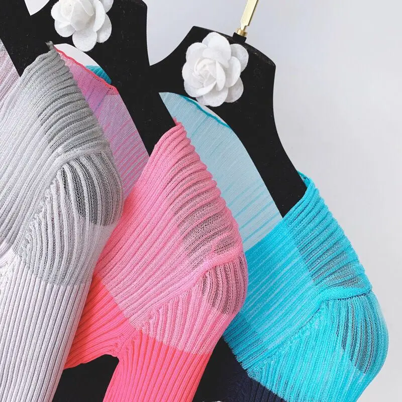 

Knitted Sweater Runway 2021 Tops Women Autumn Long Sleeve Sexy V-neck Splice Mesh Ladies Stretch Vintage Casual Jumper mujer Top