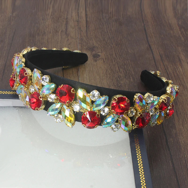 red headband Роскошные европейские винтажные аксессуары для волос зеленый желтый кристалл барокко лента для волос Элегантные Стразы головная повязка со стразами для женщин - Окраска металла: red headband