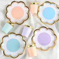 bronzing petal shaped disposable paper plate macaron color paper cup party cake plate wedding party decoration baby shower