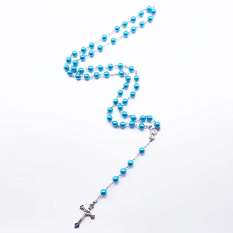 Модное ожерелье с крестом из голубого жемчуга 7 мм верное Молитвенное Девы Марии