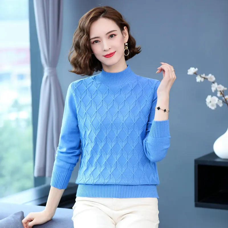 

Pink Camel Black Blue Gray Rhomboid Textured Knit Pullover Sweatere Women Winter Autumn Mock Neck Plain Colour Jacquard Knitwear