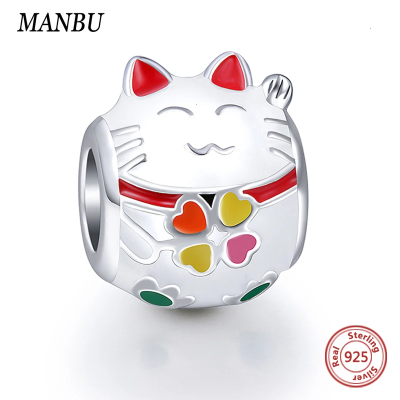 MANBU Серебро 925 оригинальные амулеты трендовые милые бусины кошка fit pandora браслет