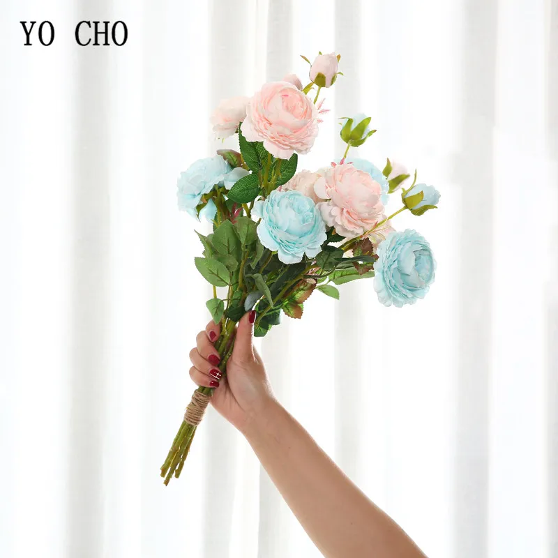 

YO CHO Artificial Flower 3 Heads Silk Rose Peony Flower Arrangement DIY Bouquet Garland Fake Peony Home Party Wedding Decoration