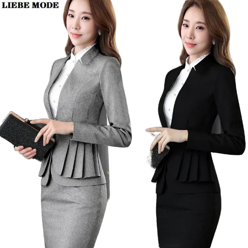 

Womens Business 2 Two Piece Sets Outift Office Uniform Style Women Ruffle Jacket and Skirt Black Grey Blazer Suit with Skirt