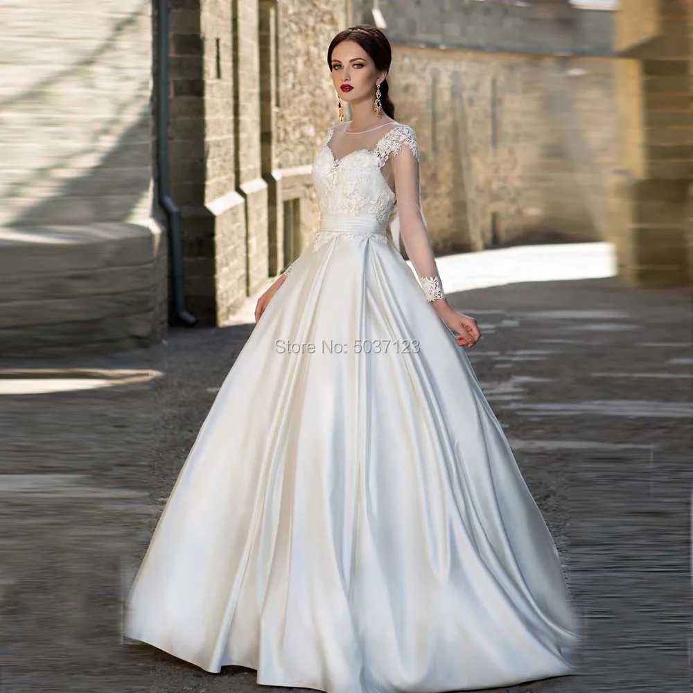 

2022 Elegant Satin A Line Long Sleeves Wedding Dresses O Neck Bow Sashes Vestido De Noiva Lace Appliques Bridal Wedding Gowns