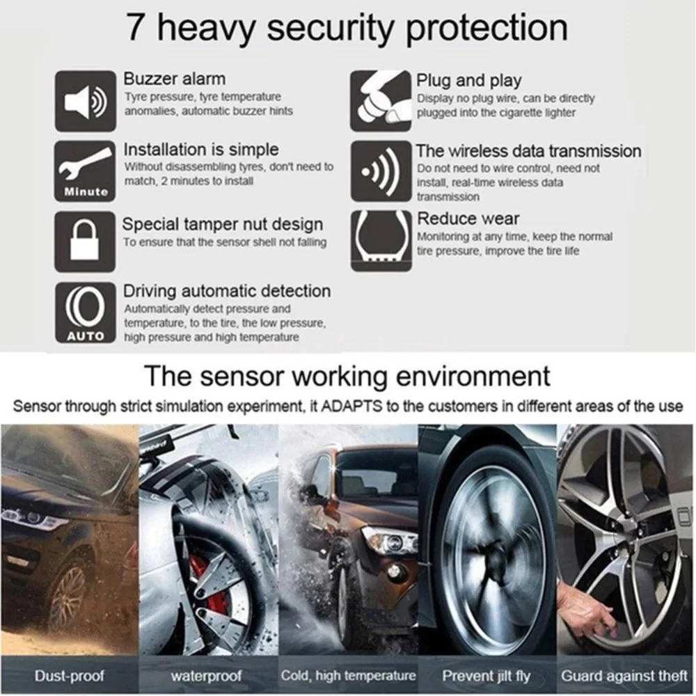 Автомобильный TPMS Солнечный с 4 внешними датчиками Универсальный лобовое стекло черный авто цифровой контроль давления в шинах Система монитор