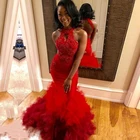 Красное платье для выпускного вечера с лямкой на шее, аппликацией и оборками, сексуальное Африканское вечернее платье русалки на заказ, вечерние платья