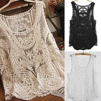 hot sales womens sleeveless lace tank top sexy embroidery hollow out floral crochet shirt