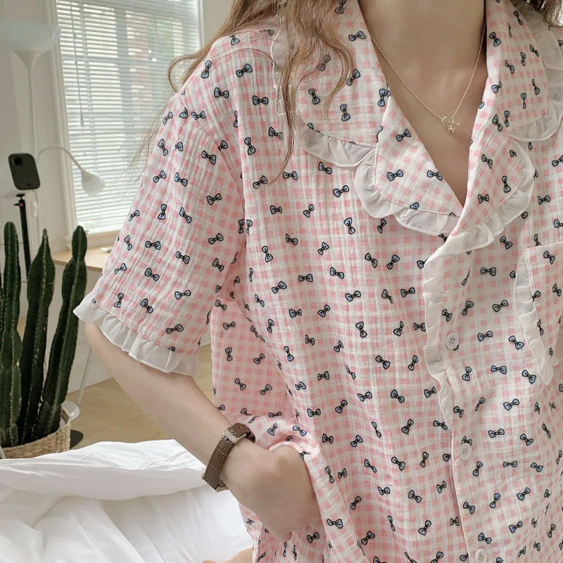 Summer New Bow Print Pajamas Women's Plaid Cute Nightgown Short Sleeve Shorts Home Wear Set Female Sleepwear Lady Nightwear