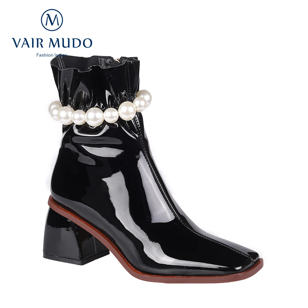 

VAIR MUDO Women Ankle Boots Shoes High Heels Square Toe Black White Elegant Genuine Leather Female Boots Shoes Autumn DX134L
