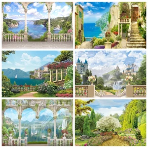 Laeacco Wedding Bridal Shower Photography Backdrops Cloudy Sky Waterfall Castle Handrail Sea Landscape Baby Portrait Backgrounds