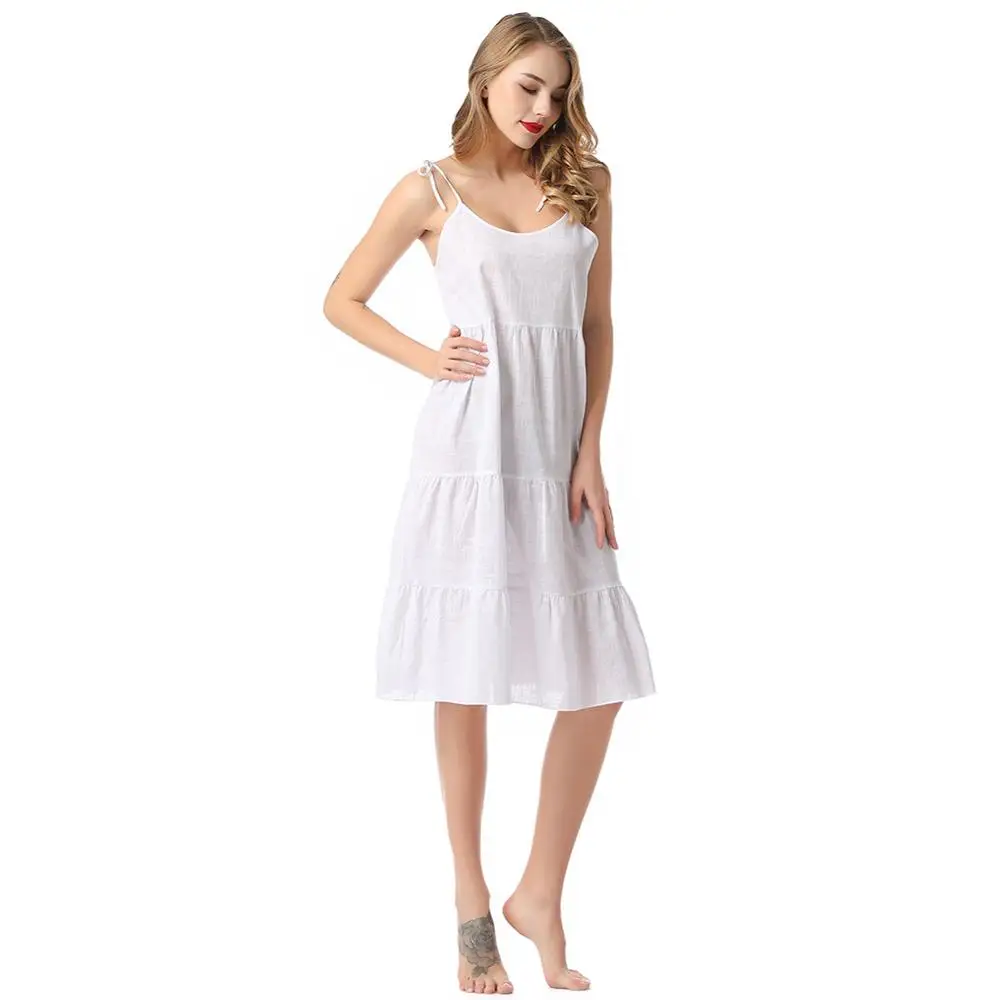 

Novelty Nightgown Suspenders Female Summer Sexy Pyjamas Dress Plump Woman Two Bow Tie Round Neck Cotton Linen Nightdress