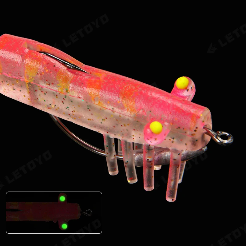 LETOYO 8.5g 90mm Bionic Fishing Soft Shrimp Prawn Lure Baits Simulation Soft Prawn Lure With Hook Luminous Eyes Silicone Shrimp