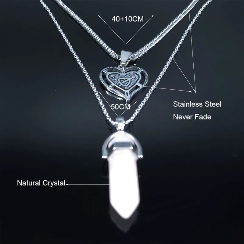 

Heart Natural Crystal Stainless Steel Layered Necklaces Men/Women Hexagonal Bullet Reiki Point Necklace Jewelry cadena N1968S02