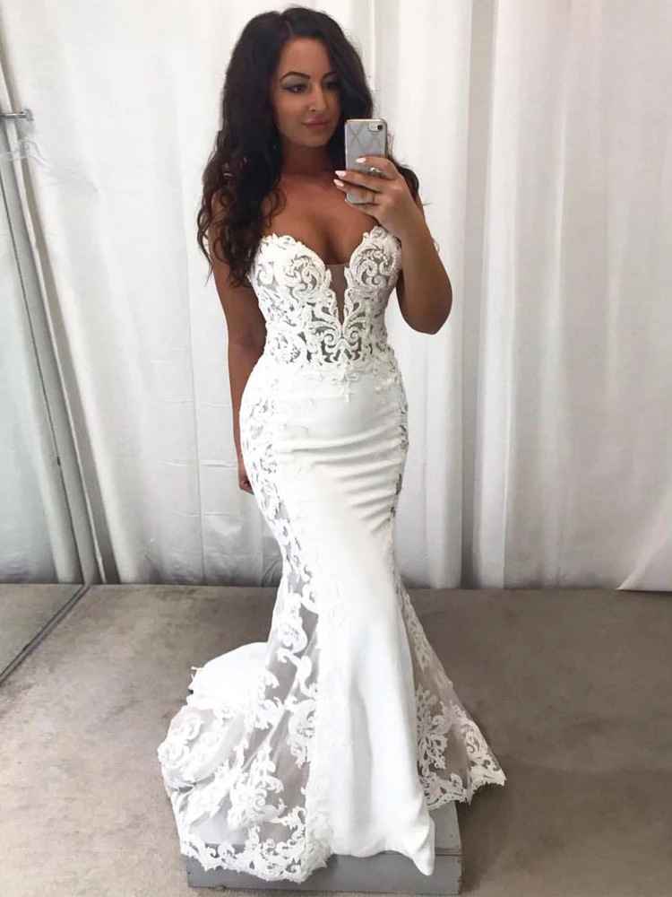 

Mermaid Wedding Dresses Hollow Lace Sweetheart Neckline 2021 Chic Modern Sexy Bridal Gowns Floor Length vestido de noiva