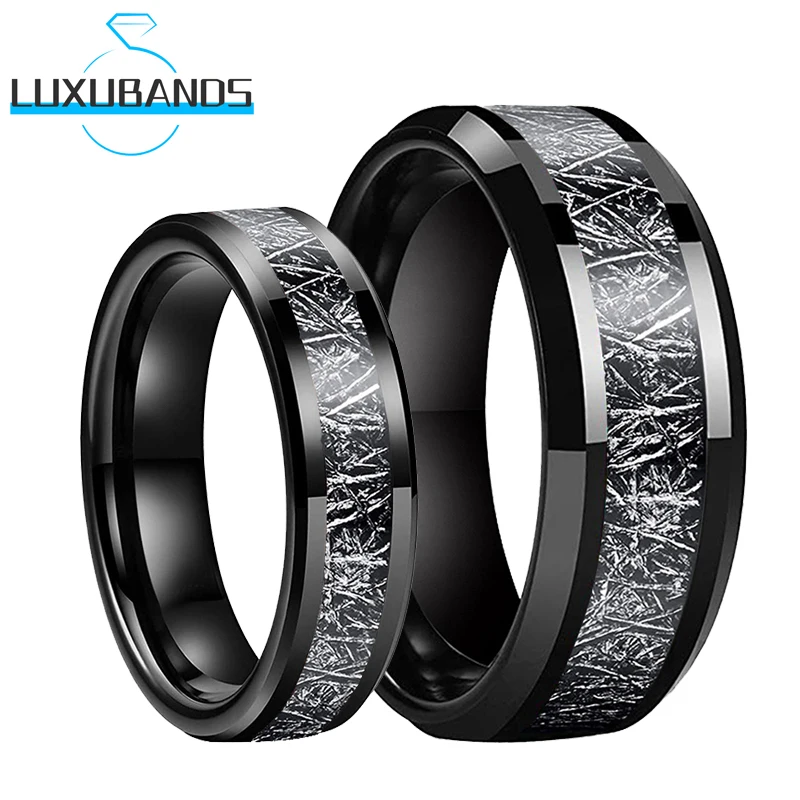 

Tungsten Couple Wedding Ring For Women Men Beveled Edges Black Meteorite Inlay Engagament Bands Polished Finish Comfort Fit
