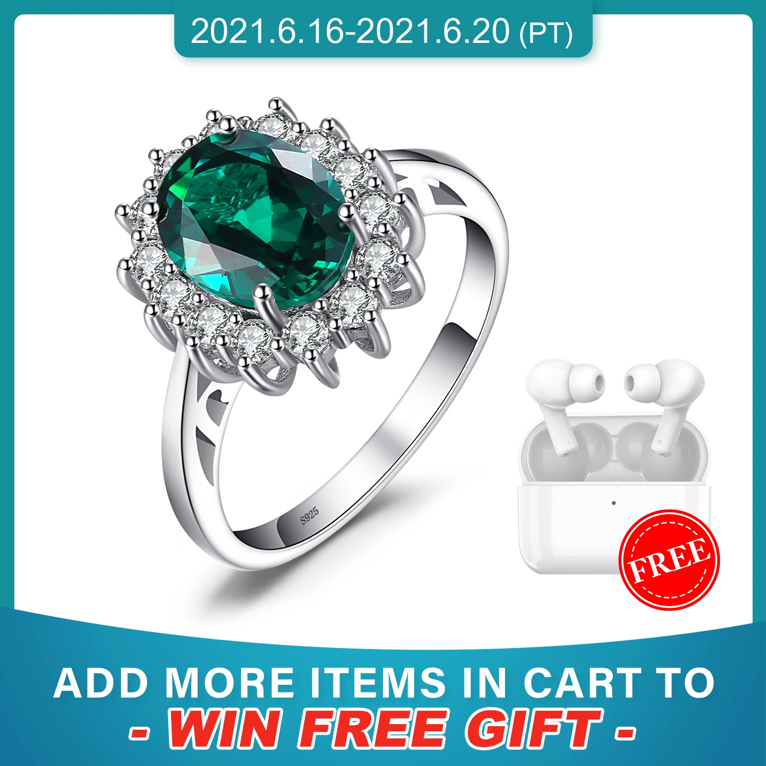 

JewPalace Princess Diana Simulated Emerald Ring 925 Sterling Silver Rings for Women Engagement Ring Silver 925 Gemstones Jewelry