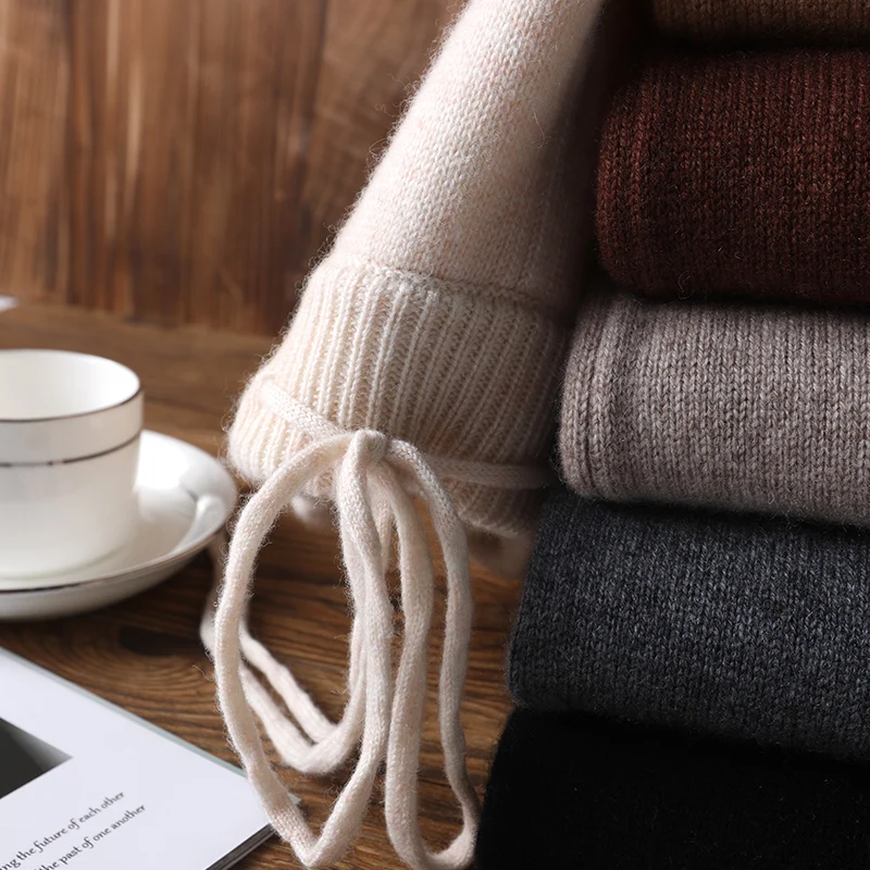 

Women Cashmere And Wool Pants 2021 New Autumn Winter Soft Waxy Comfortable High-Waist Knitted Female Thicken Wide Leg Pants