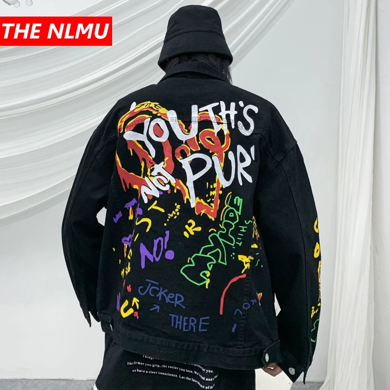 Черная джинсовая куртка для мужчин граффити хип хоп джинсы куртки и пальто