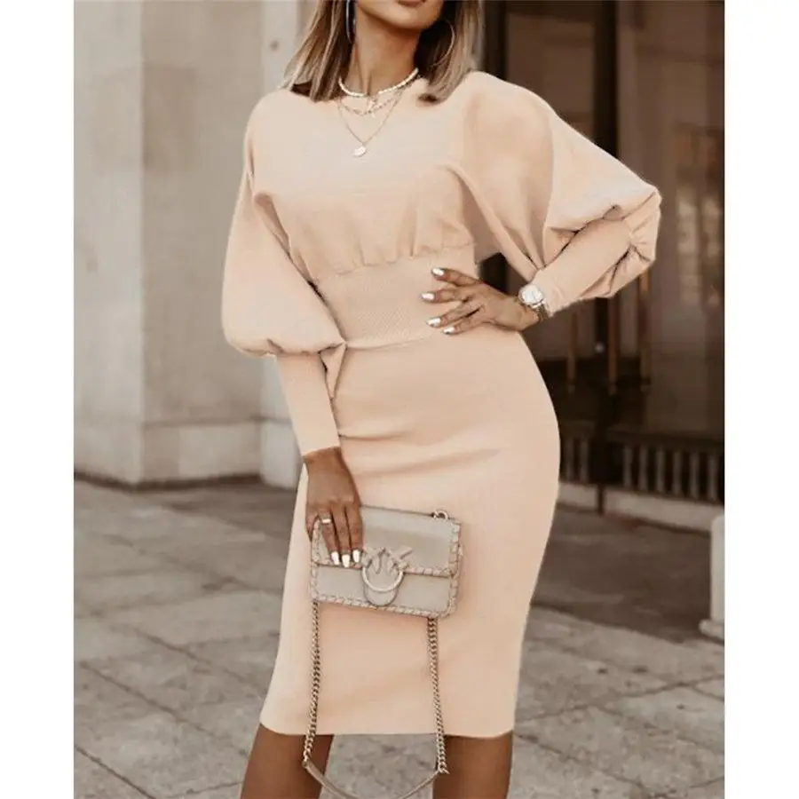 

Lantern Sleeve Pullover Women Dresses High Waist O Neck Long Sleeve Slim Dress for Women Casual Plus Size Ladies Home Clothes