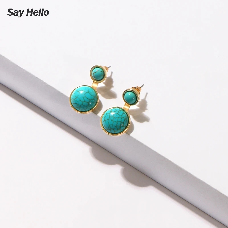 SAY HELLO Boho Green Turquoises Round Stud Earrings for Women Female Metal Stone Geometric Dangle Drop Brinco E40210 | Украшения и