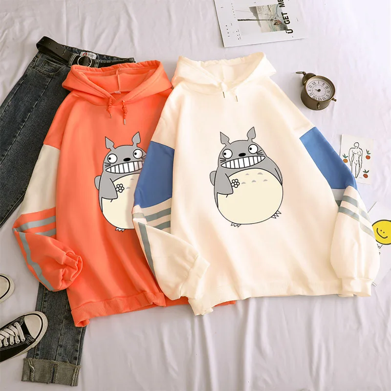 

New Harajuku Kawaii Grey Totoro Hoodie Sweatshirts Women Fashion Anime Studio Ghibli Hooded Tops Female Patchwork Fleece Hoody