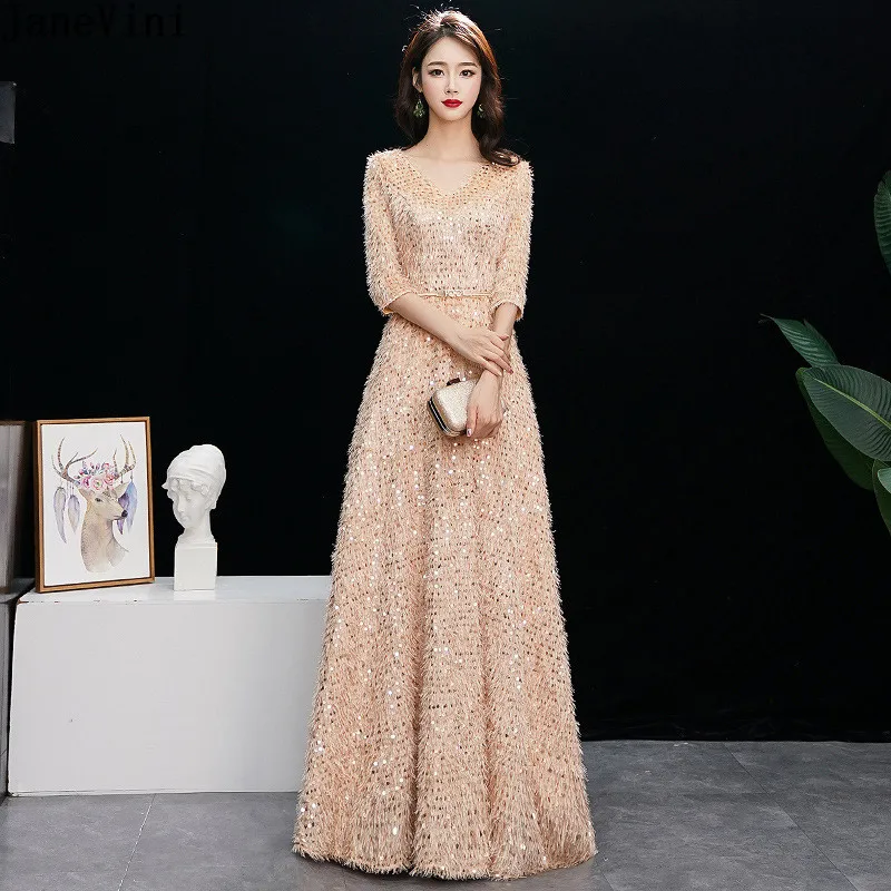 

JaneVini Honor выбор длинное Золотое для подружки невесты; Платья для женщин с поясом коротким рукавом с блестками вечернее платье ночь Vestidos Invierno 2020