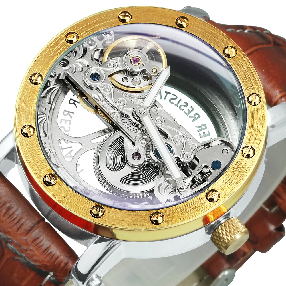 

Часы наручные FORSINING Мужские автоматические, винтажные Классические Механические с золотистым мостом, ремешком из натуральной кожи и прозра...