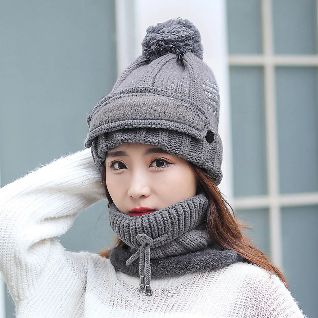 Winter Cap Women Hat Warm Solid Plus Thicken Scarf And Two-Piece Knit Windproof Beanie Muts #3 | Аксессуары для одежды