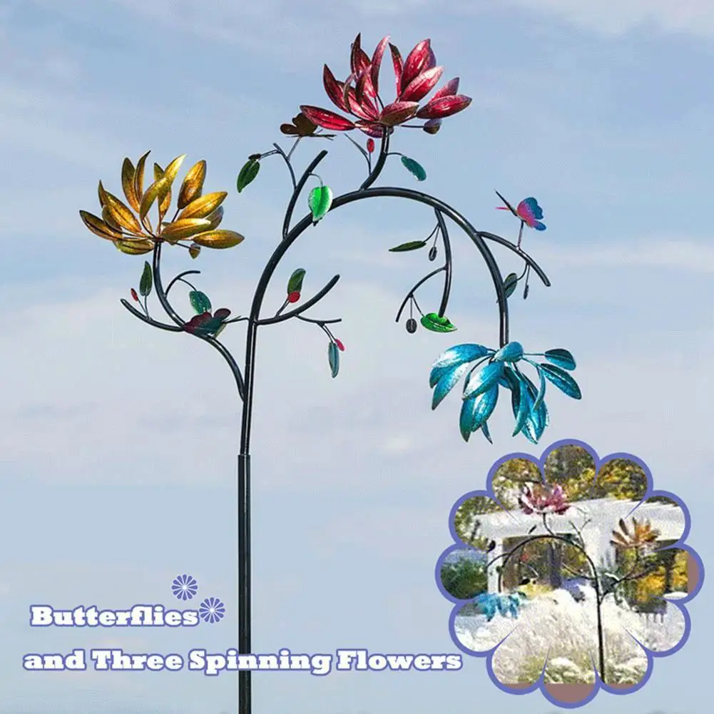

Большая Металлическая ветряная Спиннер с тремя цветами, бабочками, ветряной мельницей, двором, украшение для сада, декоративные стопы для с...