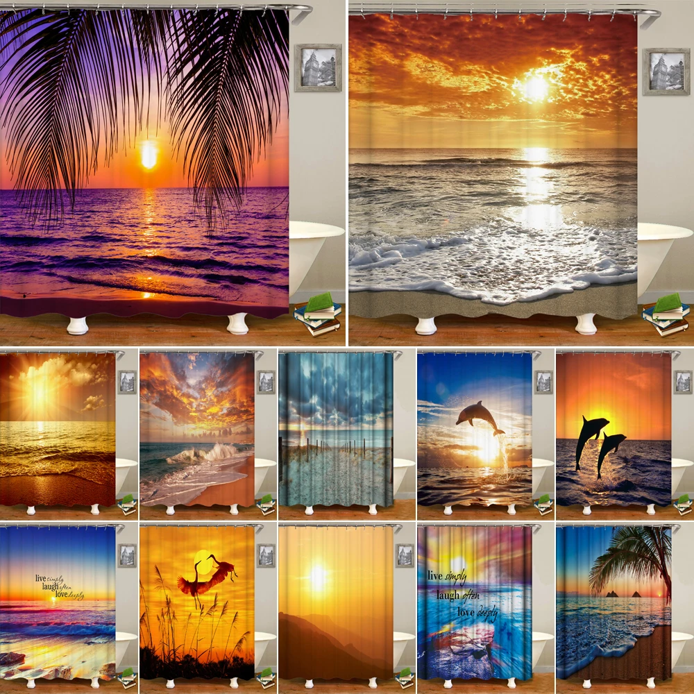 

New High Quality Sunlight Ocean Beach Fabric Shower Curtain Bathroom Curtains Sunset Dusk Sea Dolphin Bath Screen with 12 Hooks