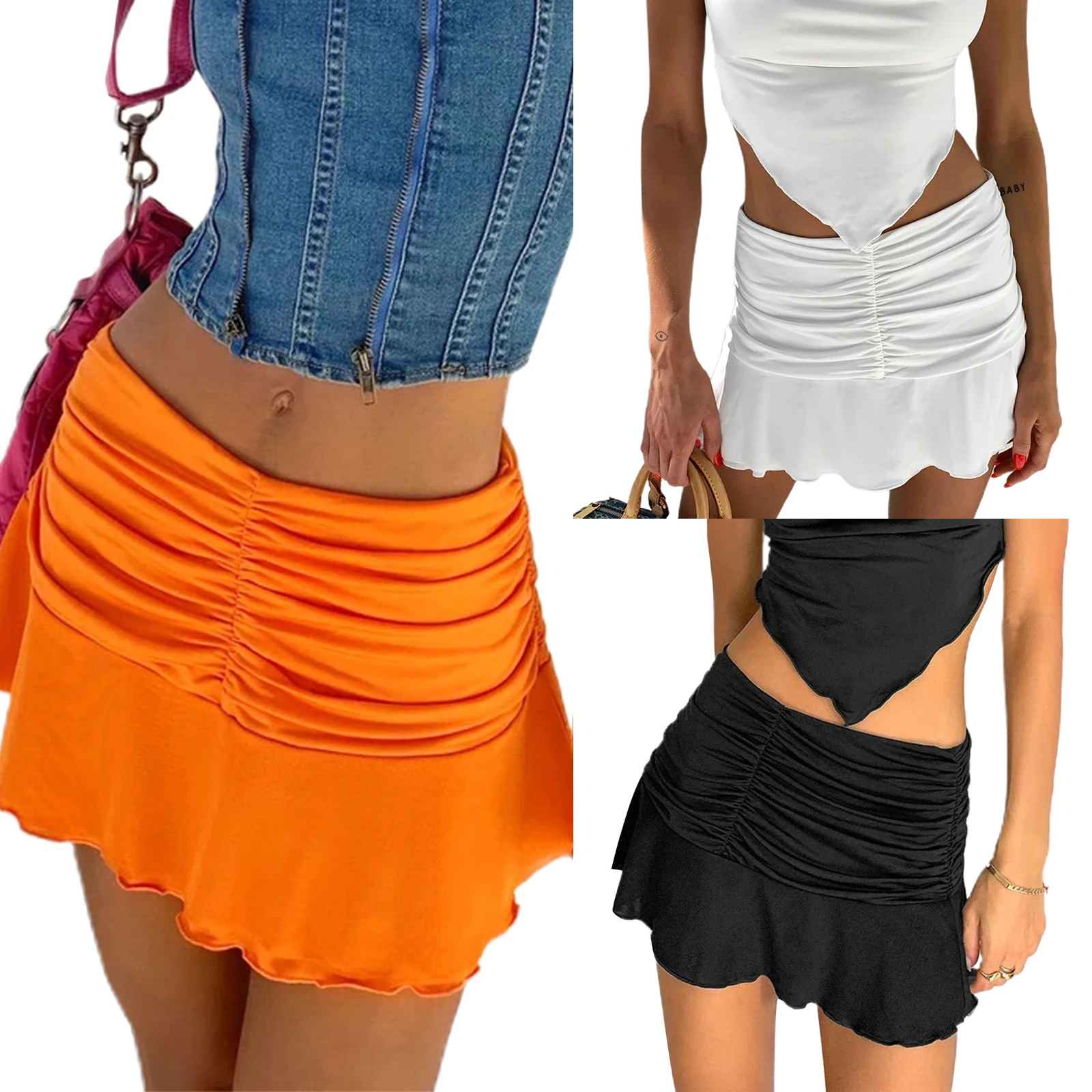 

Women's Casual A-line Pleated Skirts Y2K Ruched Ruffle Solid Color Wave Mini Skirts