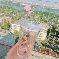 good looking girl heart cherry blossom kawaii glass with cover summer home flush constellation straw scale cute water bottle