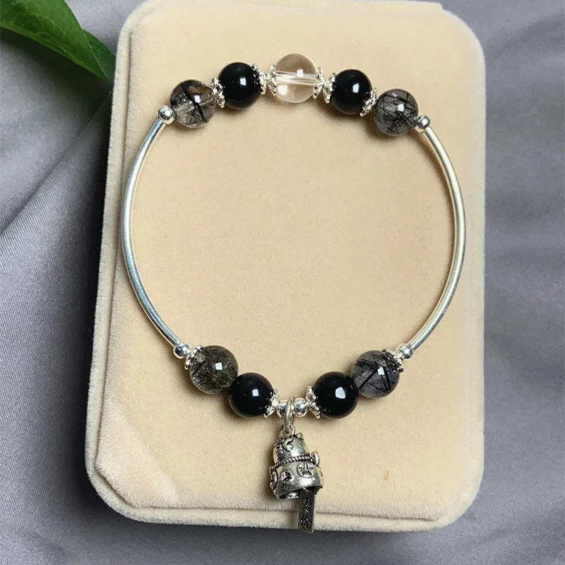 

Natural Genuine Black Tourmalinated Quartz Bracelet Black Hair Rutile Crystal Jewelry Women Gemstone Stretch Jewelry