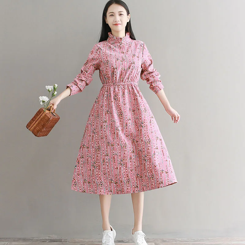 Mori Girl Autumn Spring Women Sweet Dress Longo Vintage Corduroy Midi Chic Blue Pink Animal Print Elastic-Waisted Vestidos | Женская