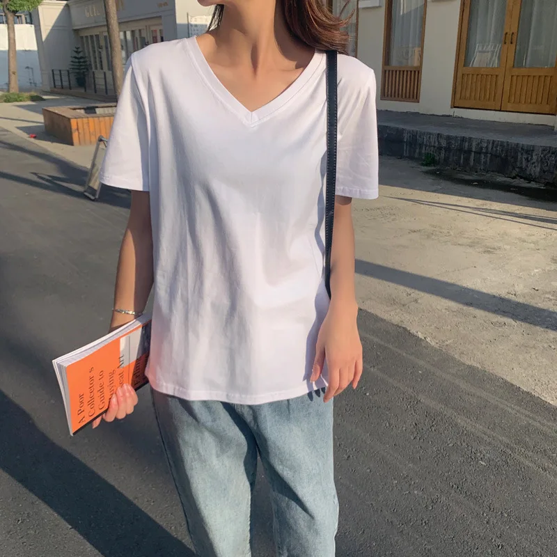 

100% Cotton Summer T Shirt Women Soft Short Sleeve V Neck Female Tees Basic Kintwear Tops Harajuku Tshirt for Ladies