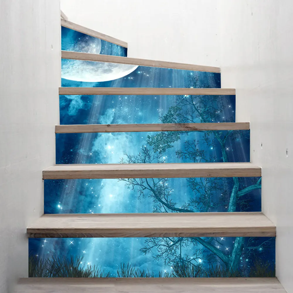

6Pcs/Set Forest Moonlight Tile Wall Stair Stickers Self Adhesive Waterproof PVC DIY Stairway Stickers Home Decoration